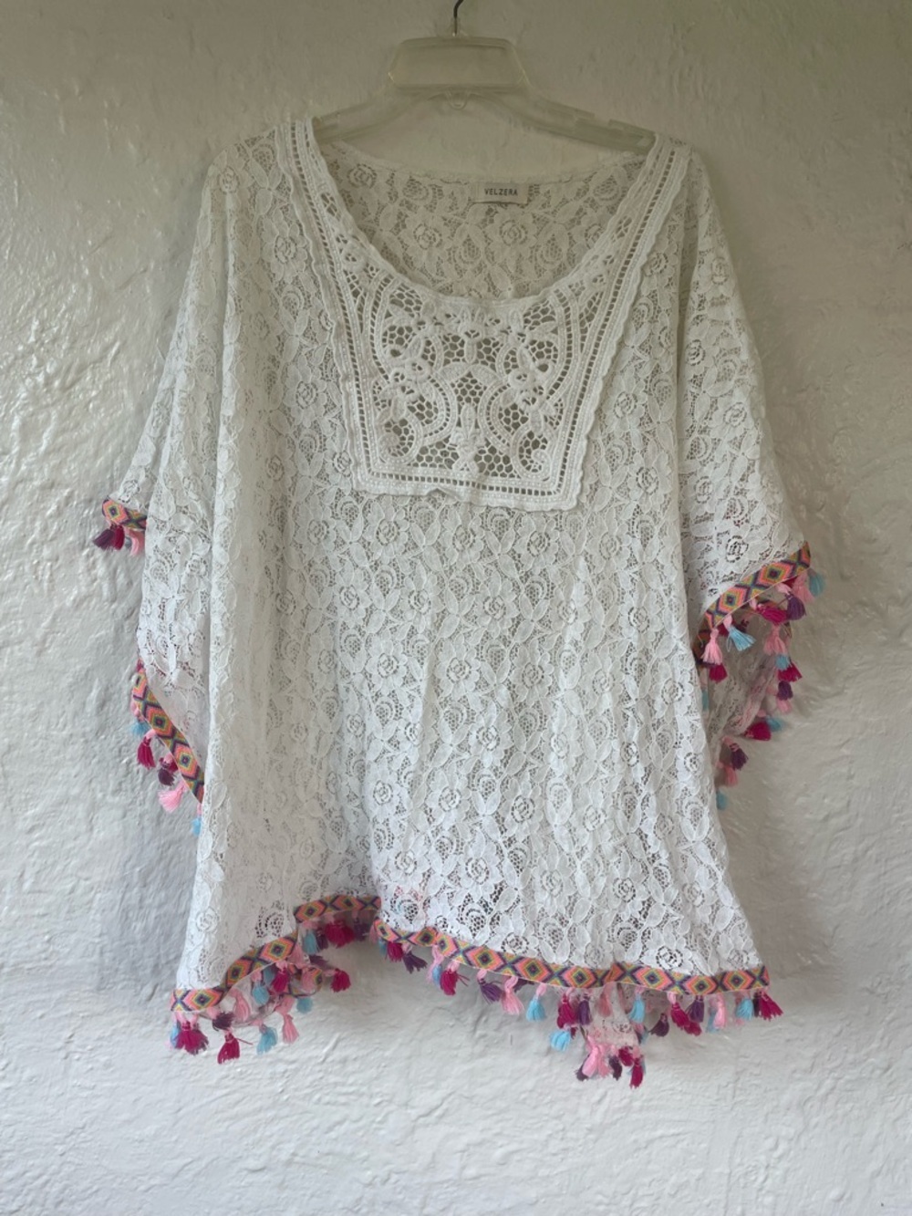 Velzera Festive Embroidered Boho Oversized Tunic Women’s Cream Gauze Tassels;OS
